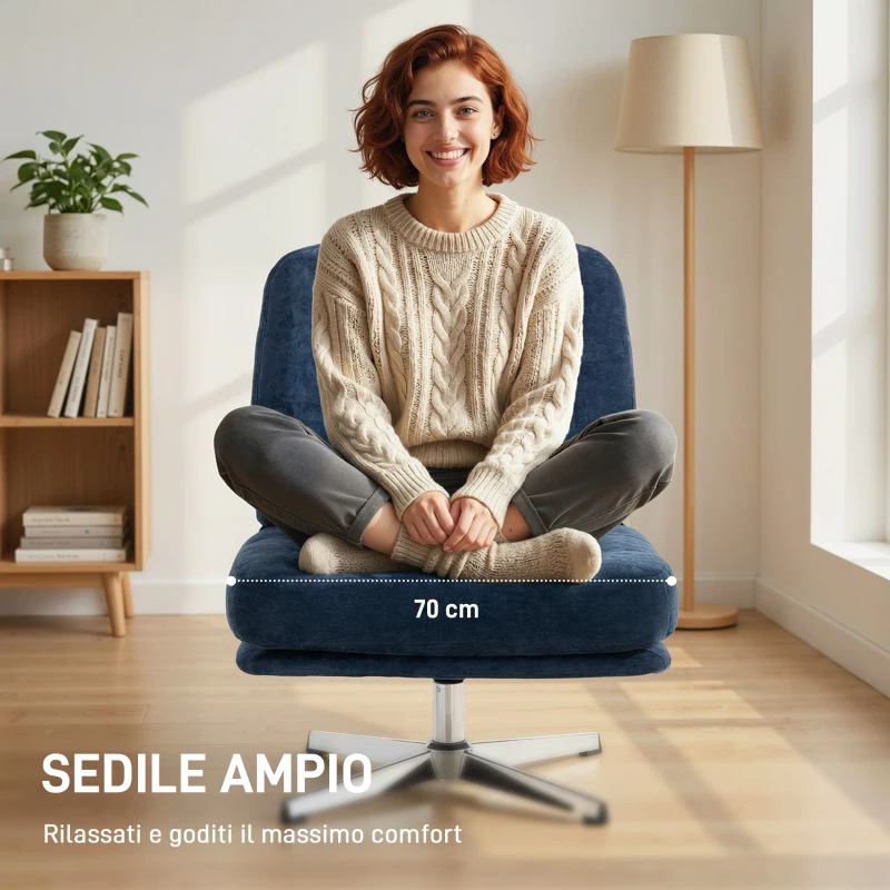 HOMCOM Sedia da Salotto Girevole in Tessuto Effetto Ciniglia e Metallo, 70x87x84 cm, Blu Scuro