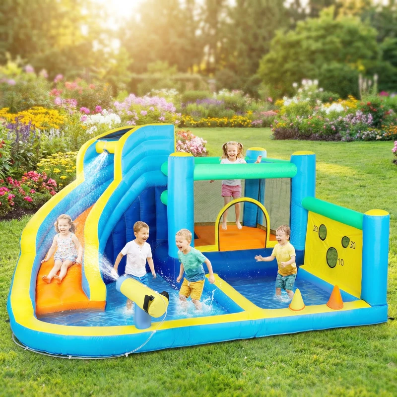 AIYAPLAY Castel gonflabil cu suflător 8 în 1, parc acvatic, tobogan, trambulină, piscină de mingi, Oxford, multicolor