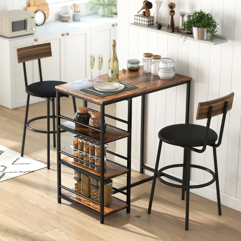 HOMCOM Mesa de bar alta con 3 estantes de almacenamiento y armazón de acero, 90 x 50 x 90,5 cm, marrón rústico, negro