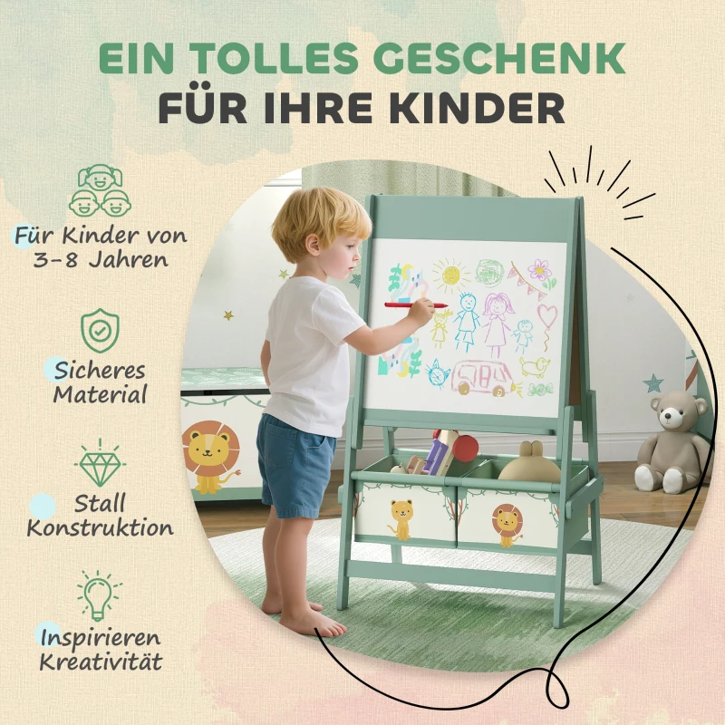 AIYAPLAY Kinder Staffelei 3 in 1 Kindertafel mit Kreidetafel, Whiteboard, Papierrolle, 2 Aufbewahrungsboxen, für 3-8 Jahre Grün