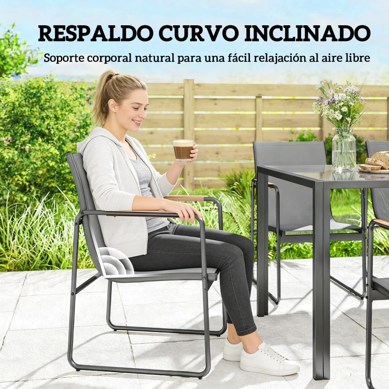 Outsunny Conjunto de Mesa y Sillas Jardín con Mesa de Vidrio Templado y 6 Sillas Transpirables para Terraza Patio Gris