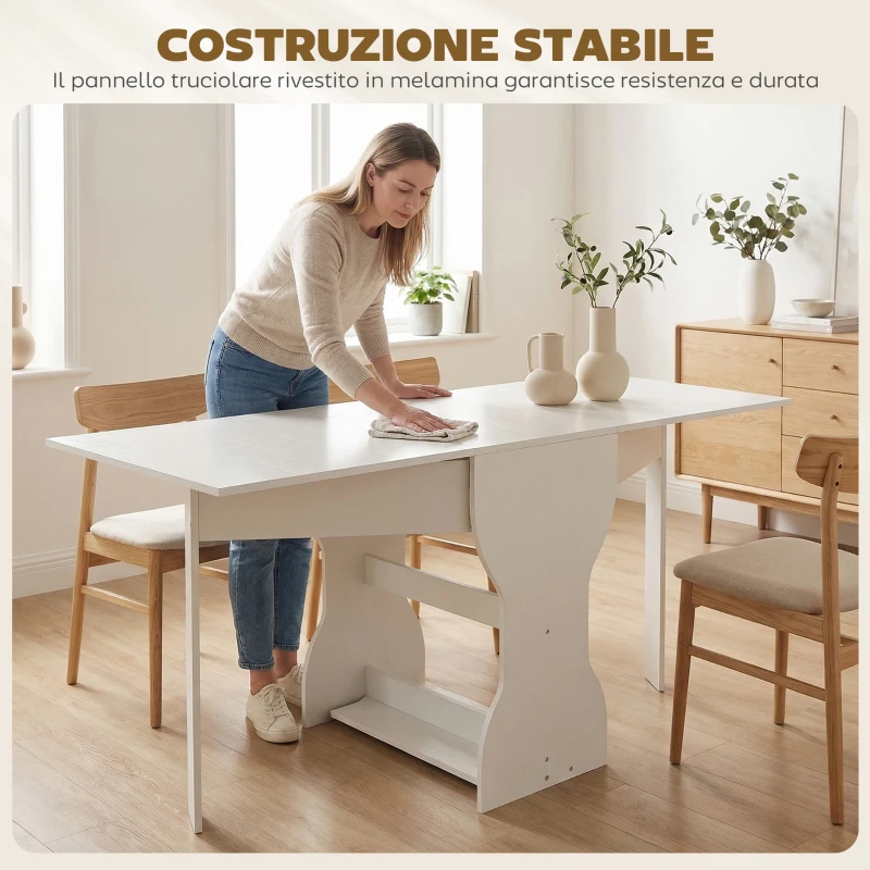 HOMCOM Tavolo da Pranzo Pieghevole per 4 Persone con Ripiano, in Legno, 160x60x75 cm, Bianco