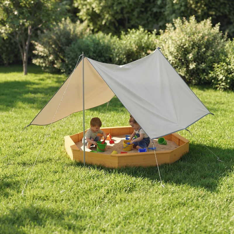 AIYAPLAY Caixa de areia em madeira com toldo, caixa de areia infantil exterior com 4 bancos, forro de fundo, amarelo
