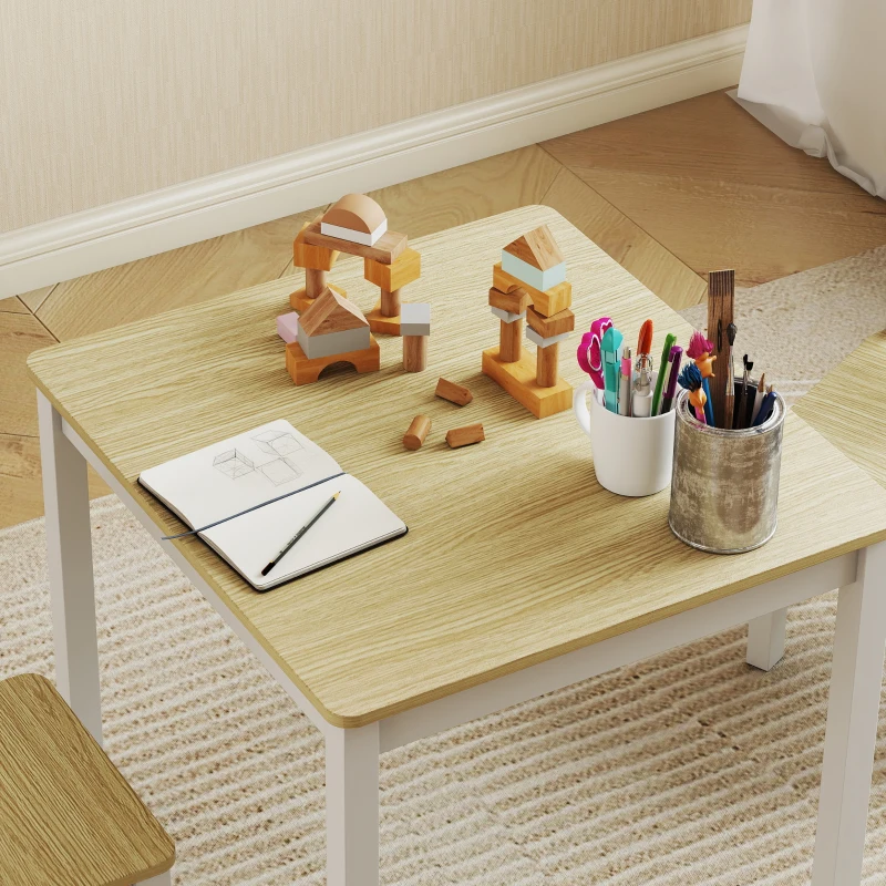 AIYAPLAY Mesa infantil con silla, lote mesa y 2 sillas infantiles de madera para dibujar, jugar, estudiar, 56x52x48cm, madera natural