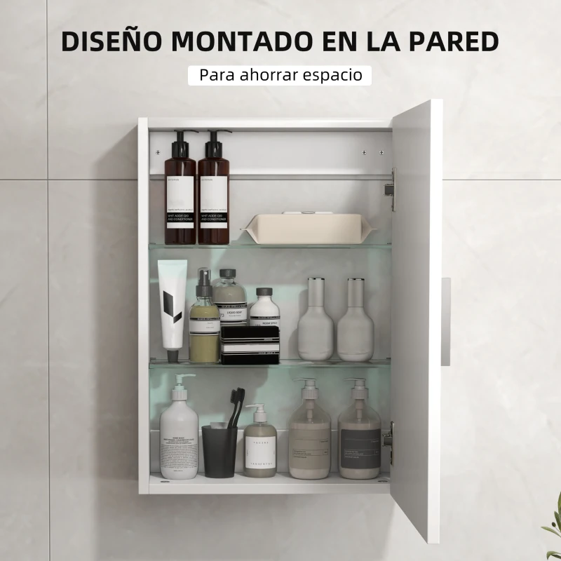 HOMCOM Armario de Baño de Pared con Estantes Ajustables de Vidrio Templado Ahorro de Espacio 40x15x55 cm Blanco Brillo