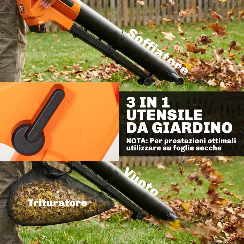 Outsunny 3-in-1 Soffiatore, Aspiratore, Trituratore per Foglie 3000W, Leggero