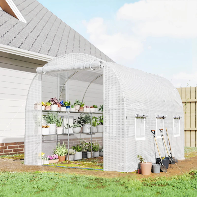 Outsunny Seră aprox. 2,7 x 2 x 2 m cu rafturi, ușă rulabilă cu fermoar, 6 ferestre cu plasă, tije de susținere