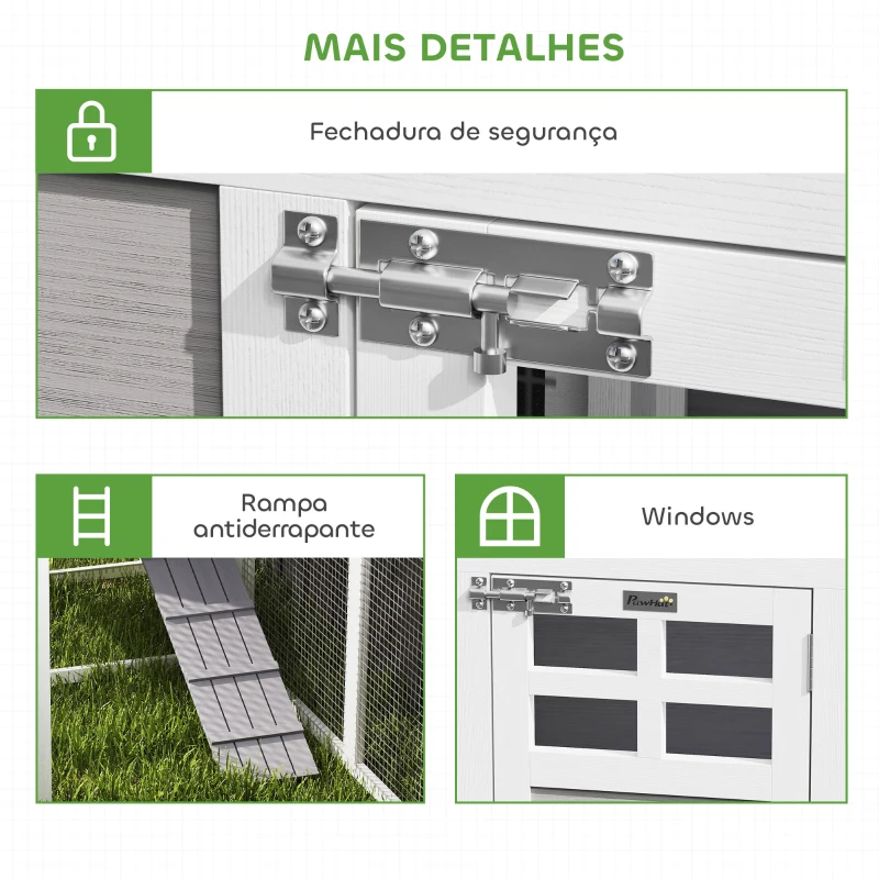 PawHut Galinheiro Grande de Madeira para Exterior em L para Canto com 2 Ninhos Recinto e Bandejas Removíveis 251x192x103 cm Cinzento