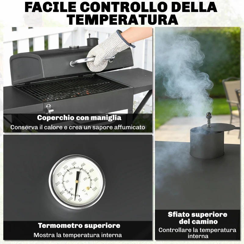 Outsunny Barbecue a Carbone con 2 Ripiani Laterali, Termometro, Coperchio e Ruote, 110x46.5x101 cm, Nero