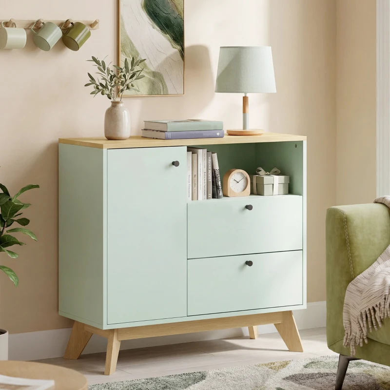 HOMCOM Bufet pentru living, mobilier de depozitare cu ușă, 2 sertare, compartiment deschis și raft reglabil, verde deschis și stejar