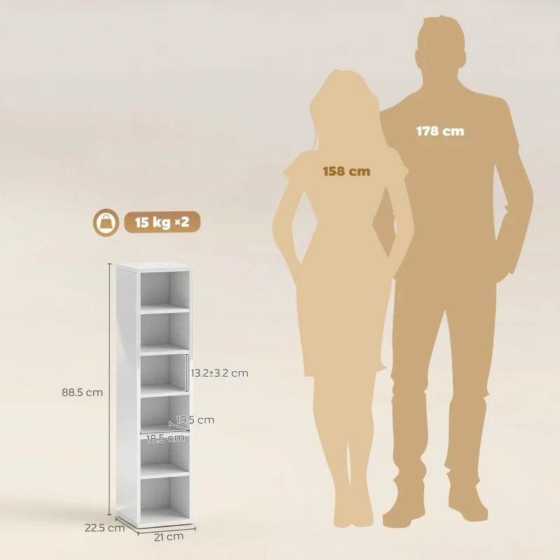 HOMCOM Set of 2 CD Media Display Shelf Unit Tower Rack with Adjustable Shelves, High Gloss White