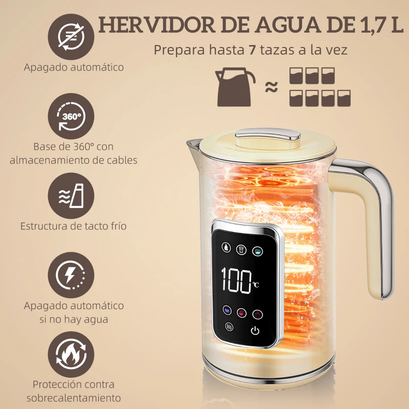 HOMCOM Set Desayuno con Pantalla LED Táctil Hervidor de Agua 1,7L 2200W Tostadora Pan Ranura Ancha 2 Rebanadas Crema