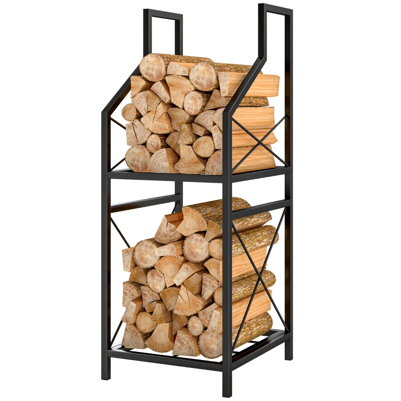 Outsunny Soporte para leña de 2 niveles en metal con base elevada, 34x30x80 cm, Negro