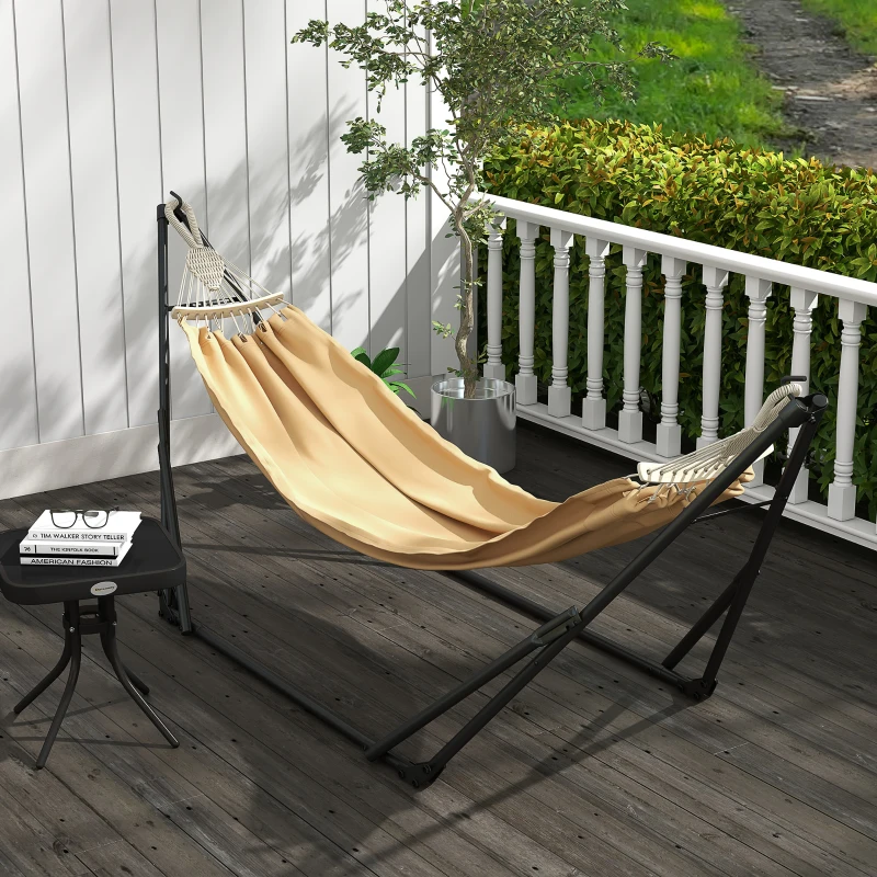 Outsunny Support avec hamac pliable en acier, 2 en 1 pour hamac ou chaise suspendue, sac de transport inclus 263x89x100cm beige