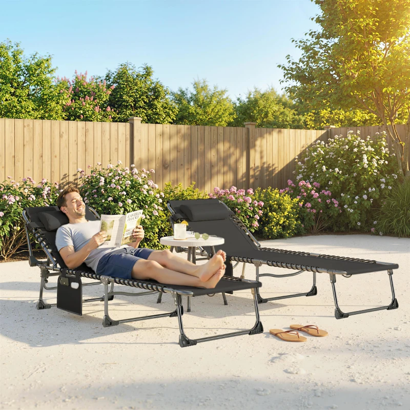 Outsunny Lot de 2 transats de jardin pliables et inclinables sur 5 positions avec coussins, 57x200x38 cm, Noir