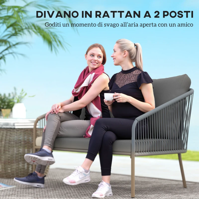 Outsunny Divano 2 Posti Stile Boho con Cuscini Sfoderabili e Braccioli, in Acciaio e Rattan PE, 112x72x76 cm, Grigio