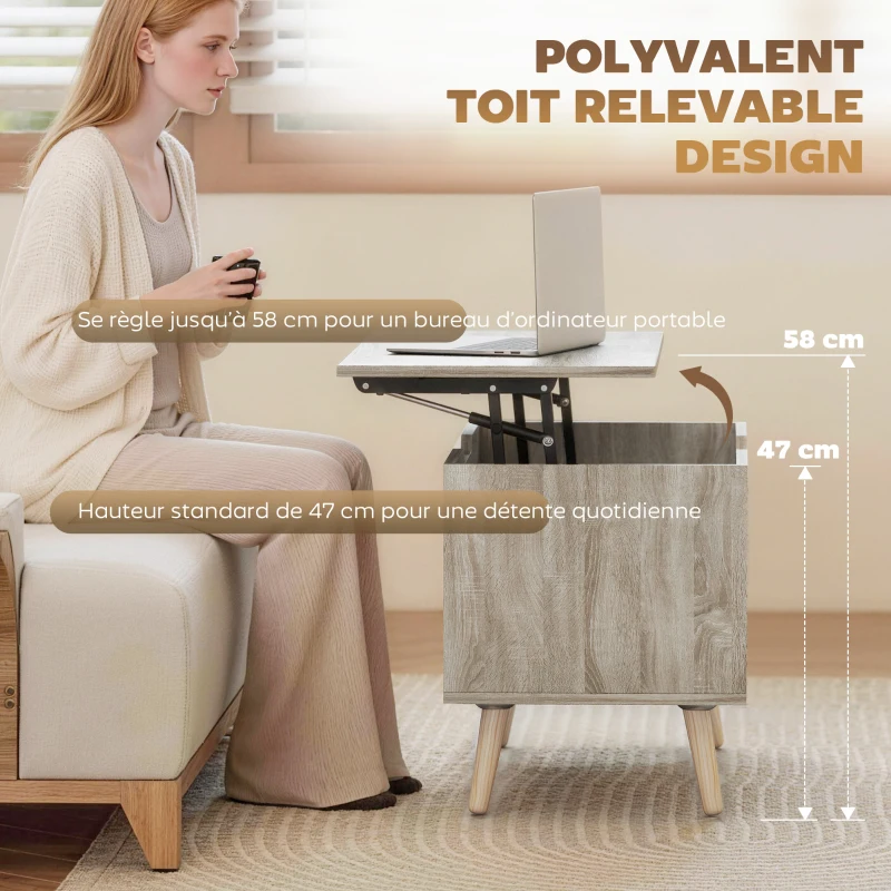 HOMCOM Table basse relevable, table de salon avec compartiment caché et étagères ouvertes, 75 x 40 x 58 cm, bois naturel