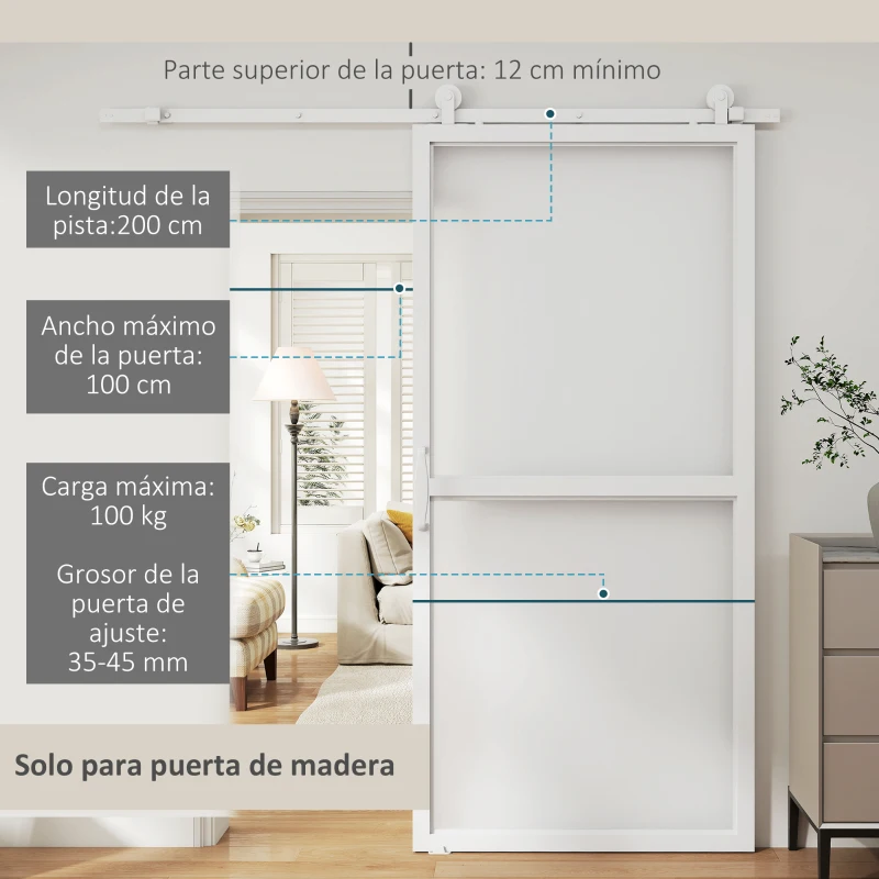 HOMCOM Herrajes para Puertas Correderas 200 cm Kit de Accesorios para Puerta Corredera con 2 Rieles y Guía Blanco