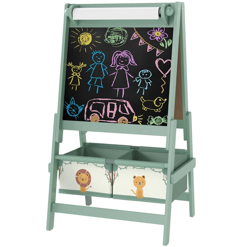AIYAPLAY Kinder Staffelei 3 in 1 Kindertafel mit Kreidetafel, Whiteboard, Papierrolle, 2 Aufbewahrungsboxen, für 3-8 Jahre Grün