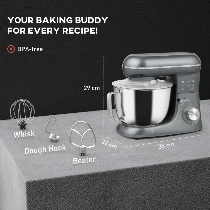 HOMCOM Robot da Pasticceria 1300W, Impastatrice Professionale 4,5L con Ciotola in Acciaio Inox, 6 Velocità e Funzione Pulse, Argento