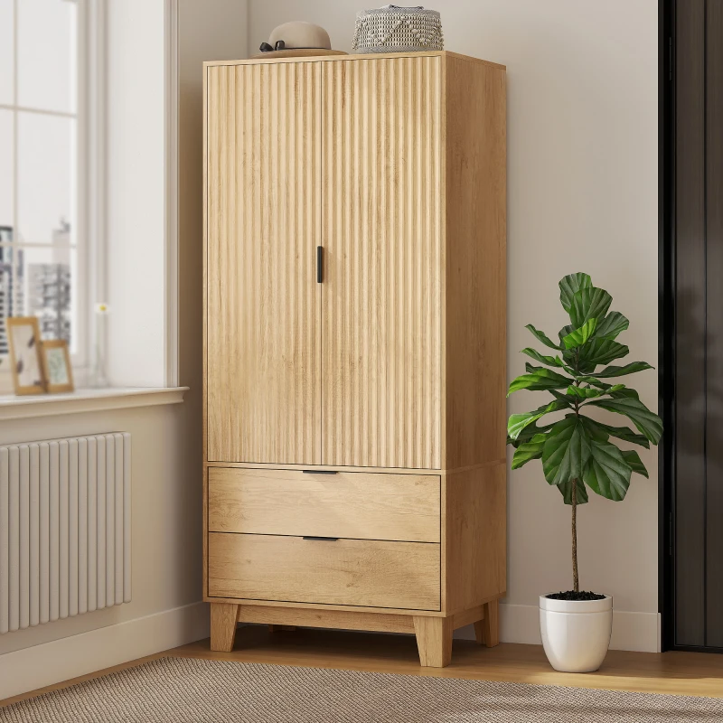 HOMCOM Armario dormitorio con 2 puertas de cierre suave, 2 cajones y barra para colgar, 80x50x180cm, madera natural
