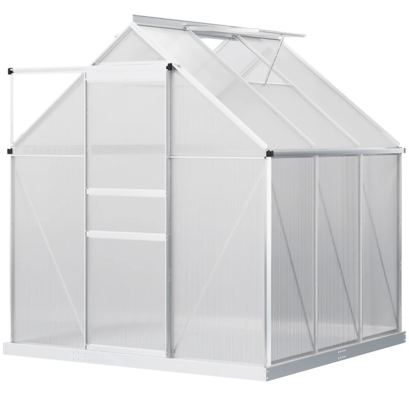 Outsunny Serre de jardin 3,6 m² en aluminium polycarbonate avec fondation, 190 x 190 x 200 cm, serre avec fenêtre réglable porte coulissante, abri extérieur résistant aux intempéries, argent