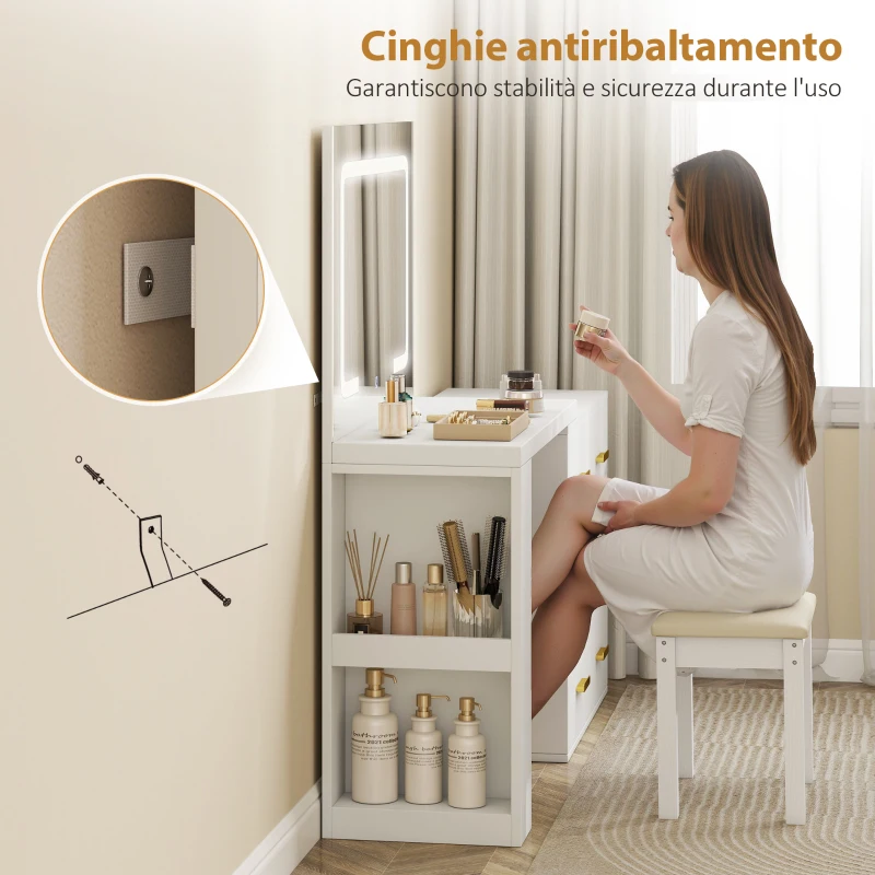 HOMCOM Tocador de Dormitorio con Espejo y Luces LED Regulables, 6 Cajones, 2 Estantes y Tomas de Corriente, Blanco