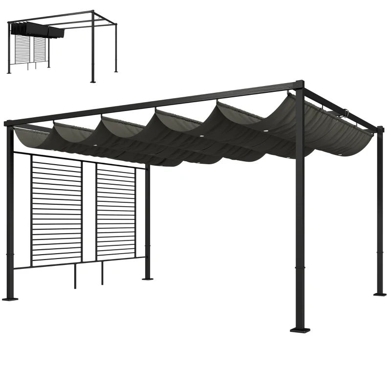 Outsunny Pergola con tetto scorrevole e pannelli privacy UV50+, 3,87x2,97 m, Grigio scuro