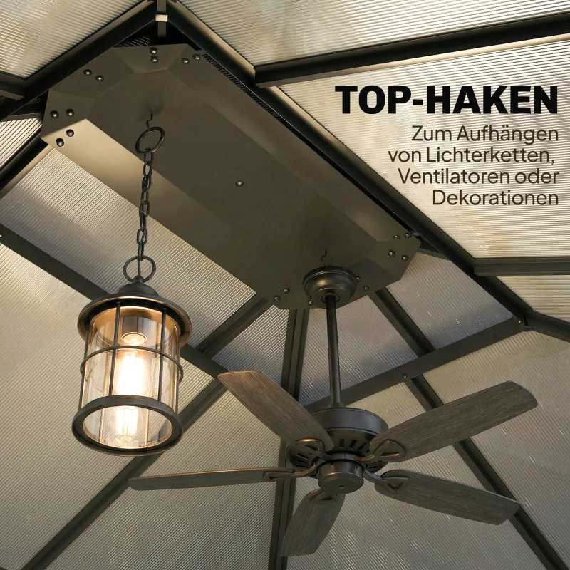 Outsunny Gartenpavillon ca. 3,6x3m Aluminium Pavillon mit 6 mm Polycarbonat-Doppeldach Moskitonetz 4 Seitenteile Dunkelgrau