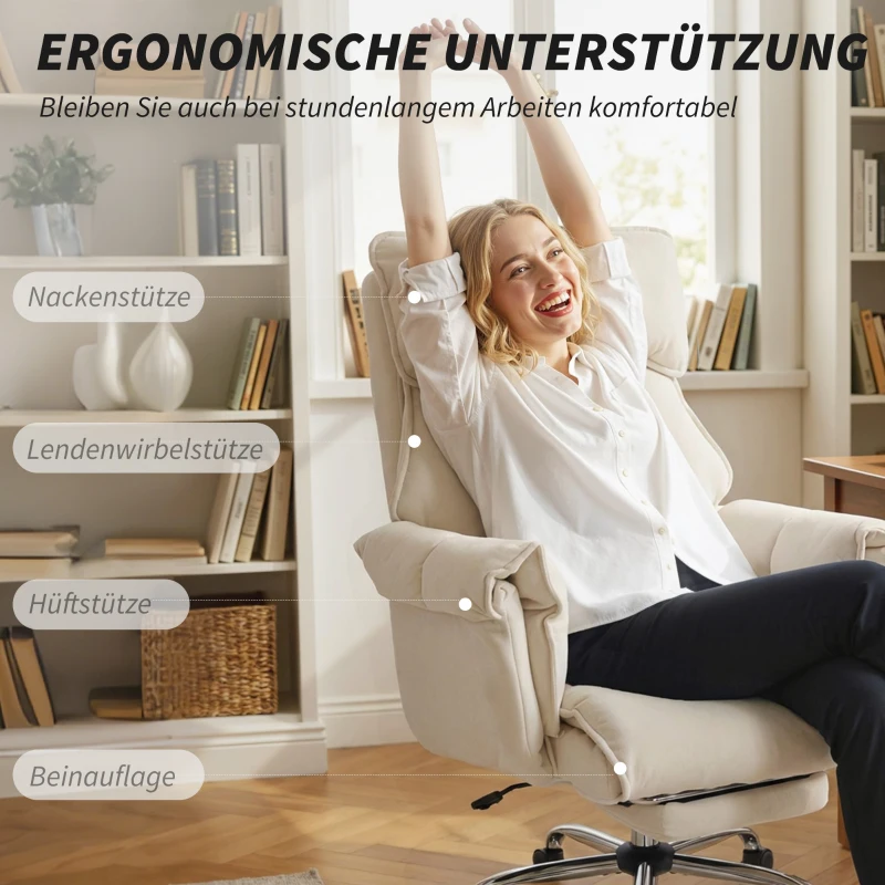 HOMCOM Bürostuhl Höhenverstellbarer Drehstuhl mit Lendenwirbelstütze, Fußstütze, Schneeflanell, 80 x 80 x 106-114 cm Cremeweiß