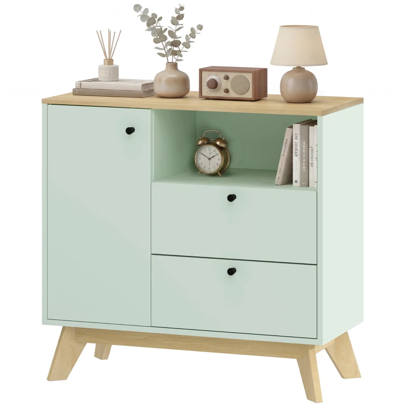 HOMCOM Bufet pentru living, mobilier de depozitare cu ușă, 2 sertare, compartiment deschis și raft reglabil, verde deschis și stejar