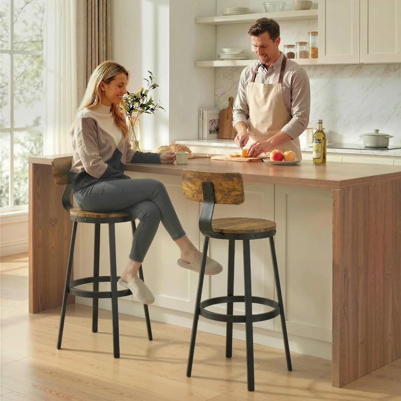 HOMCOM Set 2 Sgabelli da Bar Stile Rustico con Poggiapiedi, in Legno e Metallo, 37x47x96 cm, Marrone