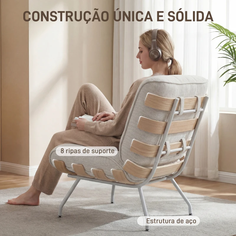 HOMCOM Poltrona de Sala Estofada em Linho com Assento Acolchoado Suporte com Estrutura de Aço 62,5x94x81 cm Creme