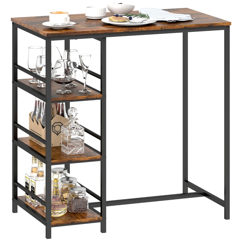 HOMCOM Mesa de bar alta con 3 estantes de almacenamiento y armazón de acero, 90 x 50 x 90,5 cm, marrón rústico, negro
