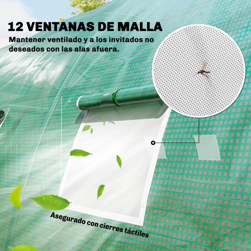 Outsunny Invernadero de Túnel con 2 Varillas de Soporte 2 Puertas Enrollables y Ventanas de Malla Cubierta de PE Anti-UV Verde
