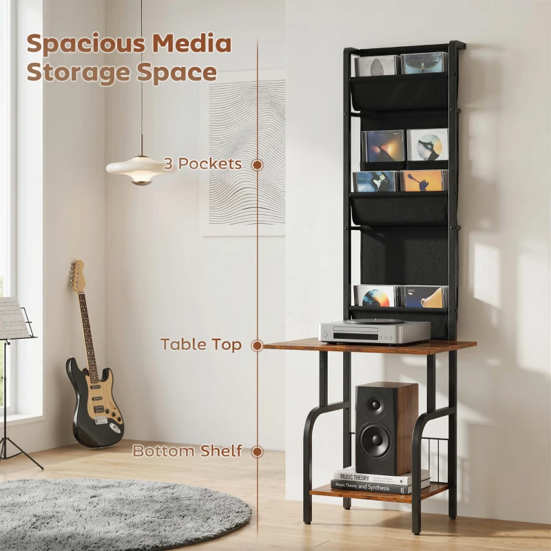 HOMCOM Vinyl Record Player Stand Record Storage with Player Stand Oxford Fabric Pockets Bottom Shelf Rustic Brown and Black