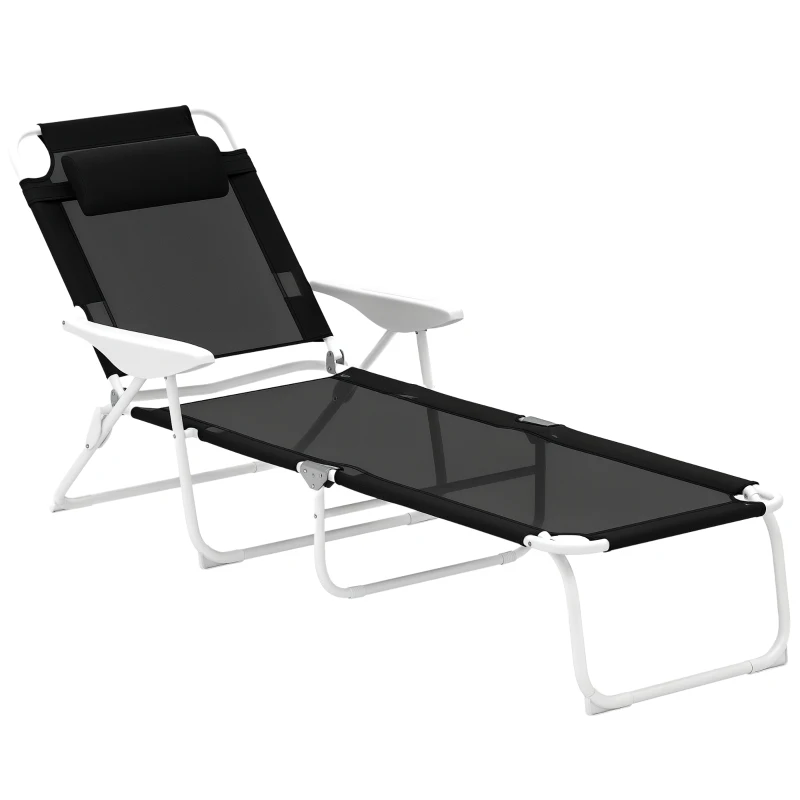 Outsunny Transat pliable avec coussin, chaise longue avec dossier réglable 4 positions jusqu'à 120 kg Noir