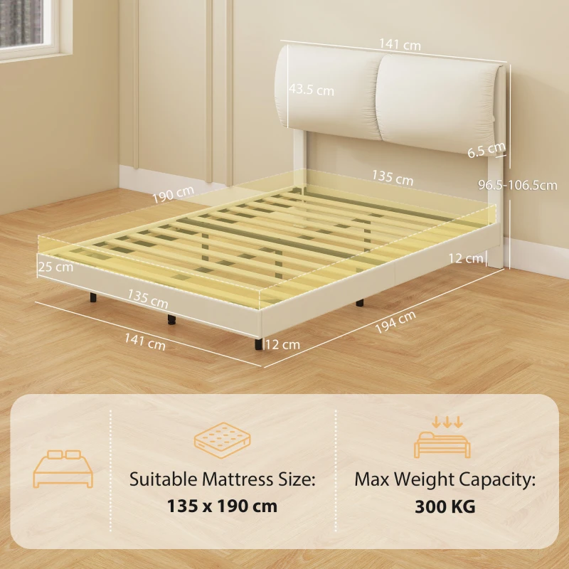 HOMCOM Pat dublu 135x190 cm Somier cu tăblie căptușită Efect plutitor Structură metalică Bej
