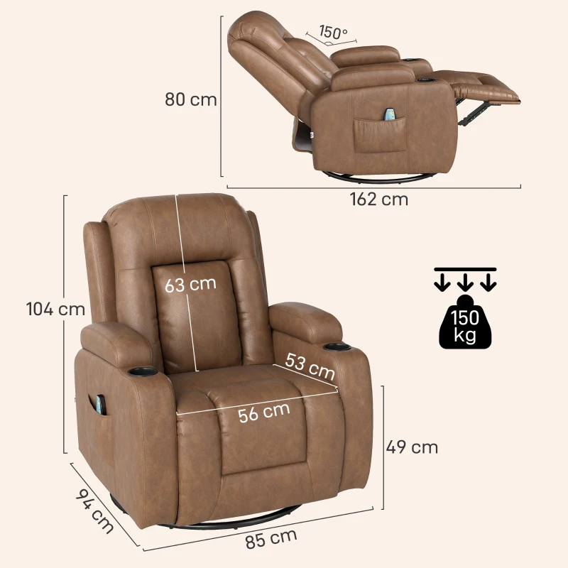 HOMCOM Sillón Relax Reclinable Masajeador Calefactable en Piel Sintética con 8 Puntos de Masaje, Marrón