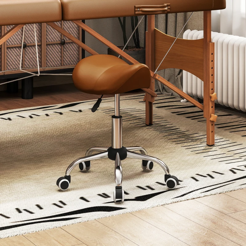 HOMCOM Banqueta com rodízios, cadeira de trabalho com altura regulável 49-61 cm e selim ergonómico, 52x53x49-61cm, marrom