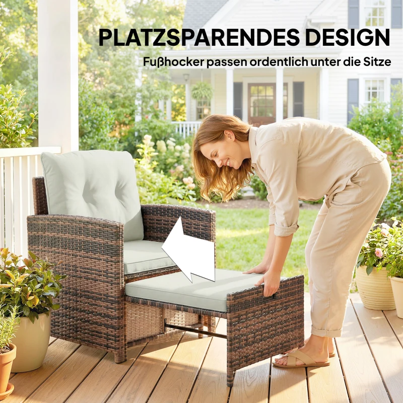 Outsunny Rattan Gartenmöbel Set 5-teiliges Balkonmöbel Set mit 2 Stühle Kissen Hocker Tisch Staufach Cremeweiß