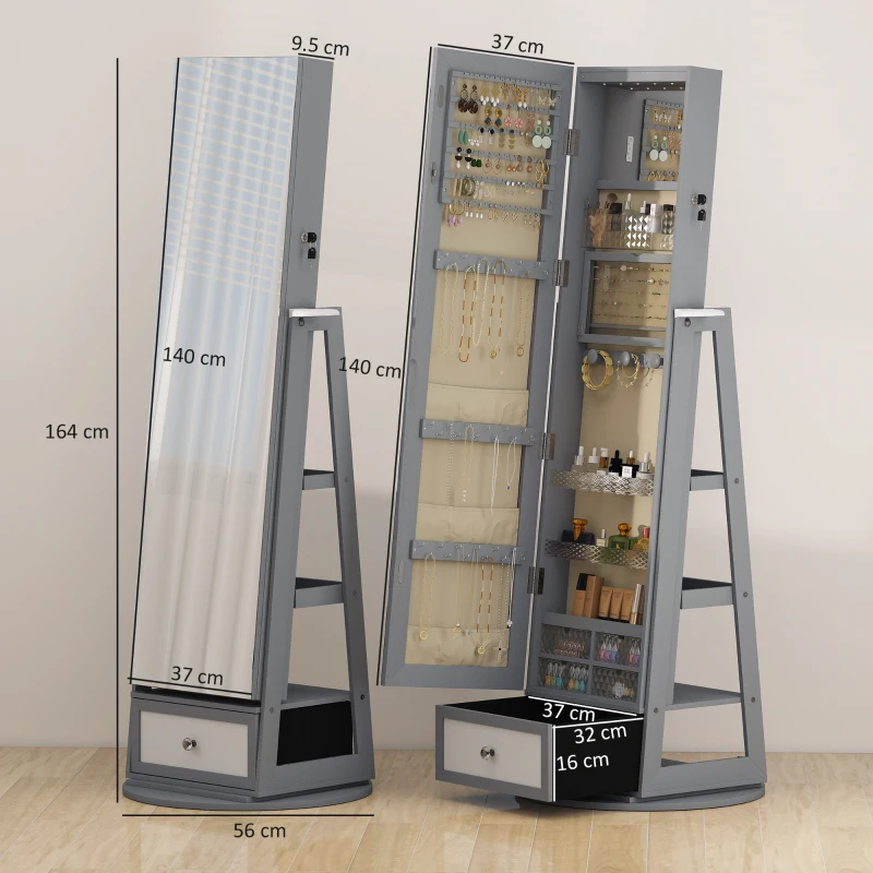 HOMCOM Specchio Portagioie con Luci LED, Armadio Portagioie con Specchio a Figura Intera, Girevole 360° e Cassetto Serratura, Grigio Chiaro
