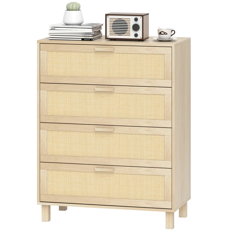 HOMCOM Cassettiera 4 cassetti con frontali in rattan, 80x40x103 cm, Legno chiaro