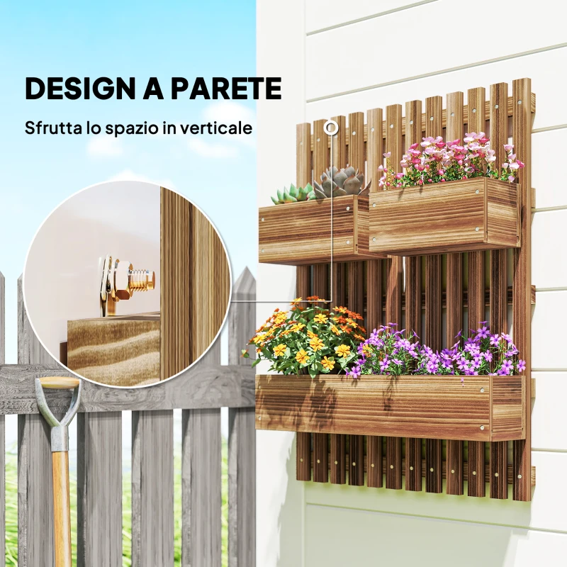Outsunny Fioriera Verticale a Doghe con 3 Vasi Rimovibili, in Legno di Abete, 60x16x80 cm, Marrone Bruciato