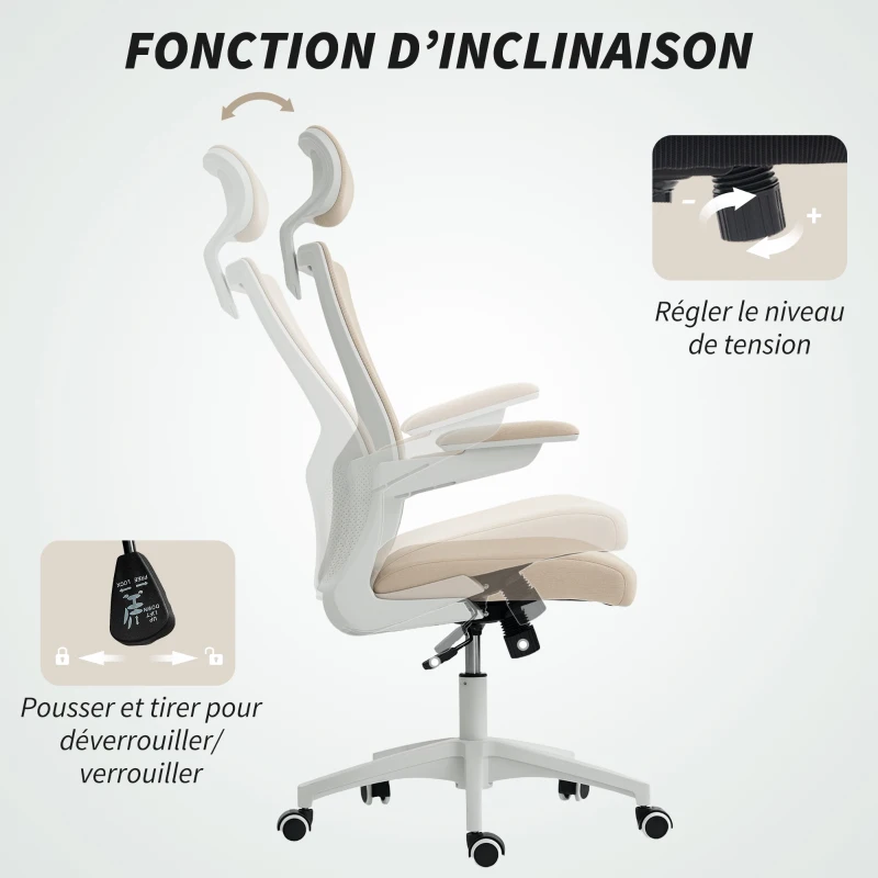 HOMCOM Scaun birou ergonomic, scaun de birou, cotiere rabatabile, suport lombar, tetieră, 60x63x120cm, bej