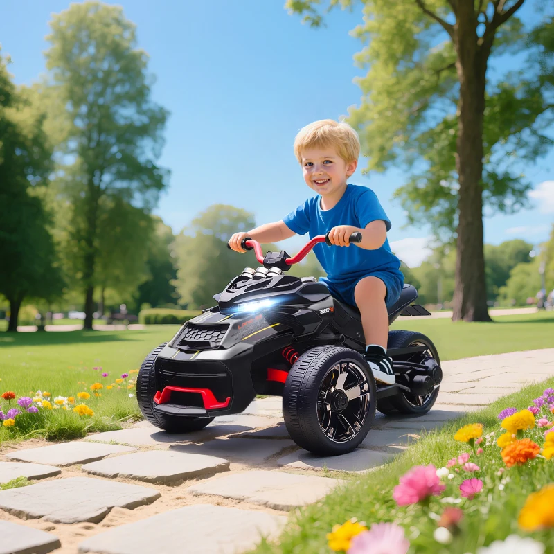 AIYAPLAY Quad eléctrico niños coche eléctrico niños 12V 3 ruedas 2 motores reproductor MP3, claxon, 2 velocidades 3-5 km/h negro