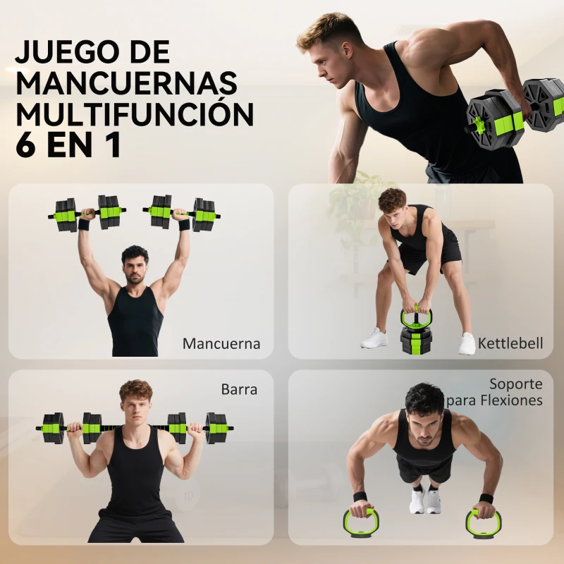 SPORTNOW Juego de Mancuernas Ajustables 20 kg 6 en 1 como Kettlebell Barra Mancuernas Soporte para Flexiones para Gimnasio Casa