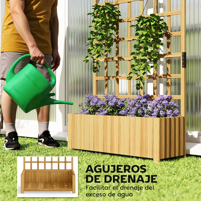Outsunny Jardinera con Enrejado de Madera con Drenaje para Cultivos Verduras Flores Hierbas 90x30x180 cm Natural