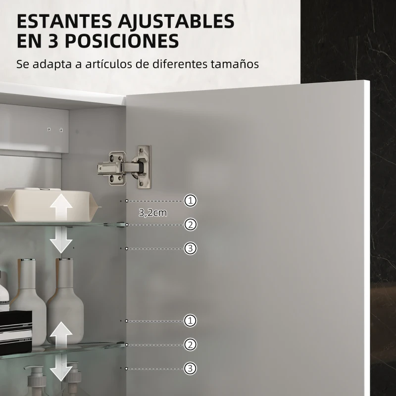 HOMCOM Armario de Baño de Pared con Estantes Ajustables de Vidrio Templado Ahorro de Espacio 40x15x55 cm Blanco Brillo