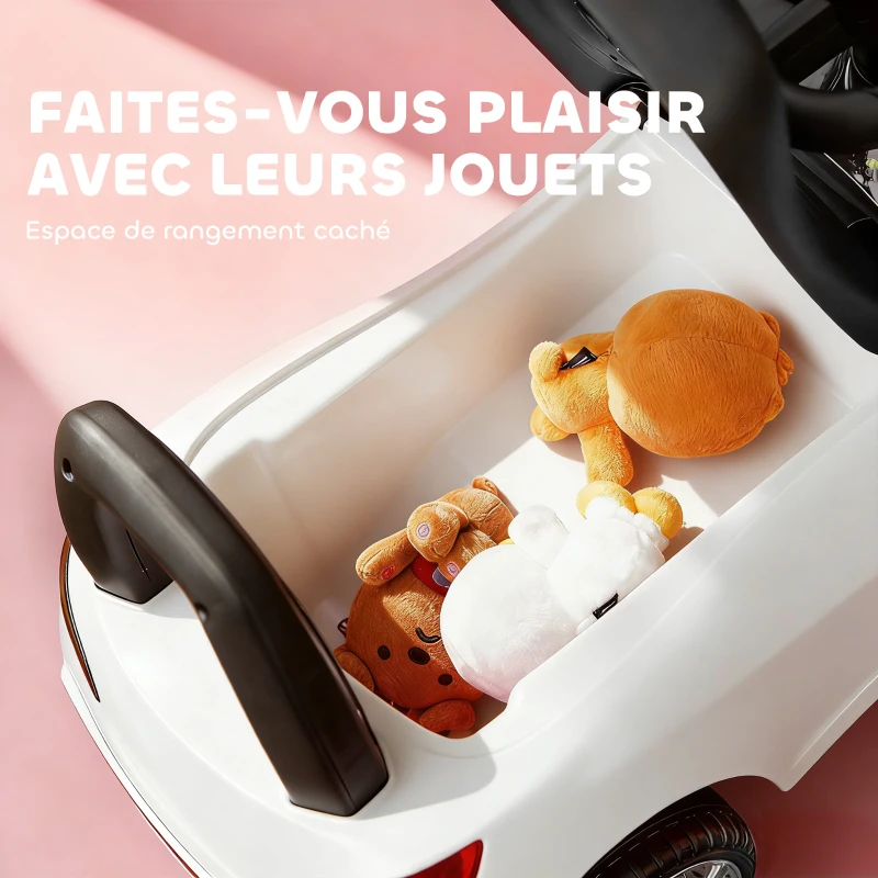HOMCOM Porteur enfants voiture, véhicule à pousser avec coffre à jouets, klaxon, phares et musique, 63,5 x 28 x 36 cm, blanc